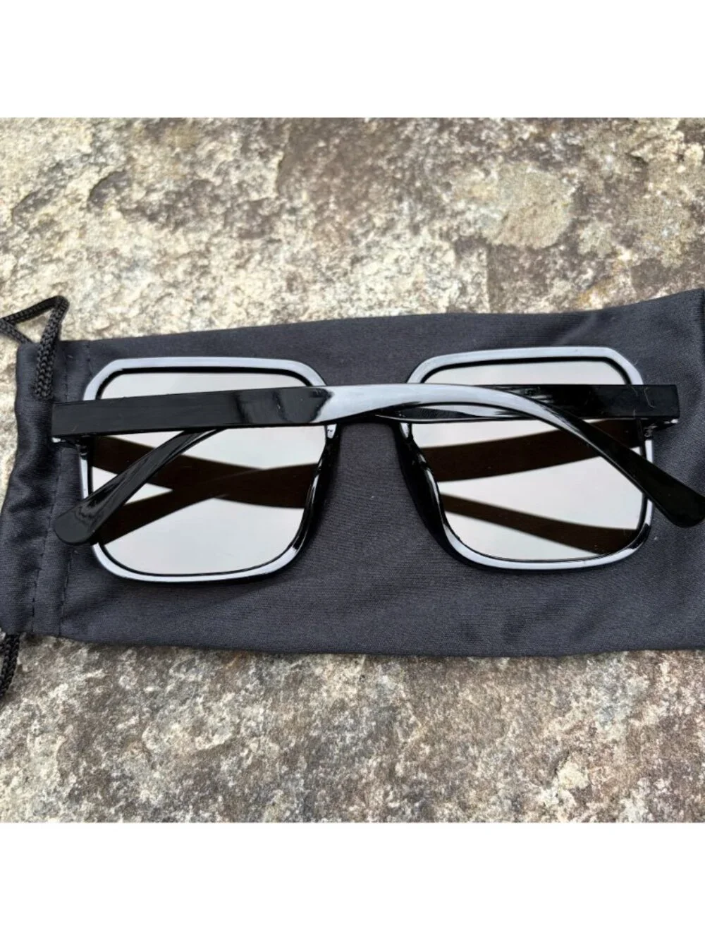 70s Style Oversized Square Black Sunglasses Warm Brown Tinted Lens Festival Boho